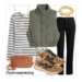 striped tee, olive vest, leopard sneakers